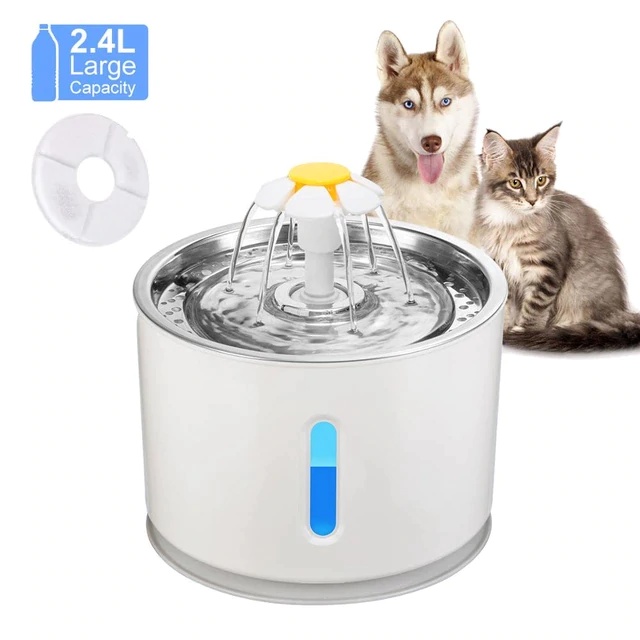 Automatic Cat and Dog water Fountain, Led illuminated water level, Stainless Steel Plate and ultrasilent pump water Dispenser for Cats, Dogs and other pets, fresh and filtered water drinking Bowl